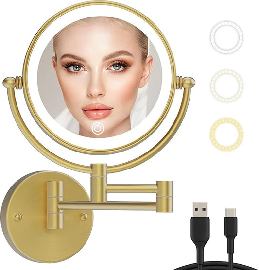 8" Wall Mounted Lighted Makeup Mirror with Magnification Rechargeable, 1X/10X Double Sided, 3 Color Lighting Touch Dimmable 360 Swivel Extendable Arm Vanity Shaving Mirror, Brushed Moderne Brass