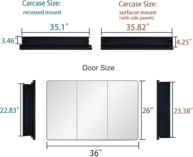 IDYLLOR Bathroom Mirror Medicine Cabinet with Round Corner Framed Door 36 x 26 inch, Black，Recessed or Surface Mount, with Adjustable Glass Shelves