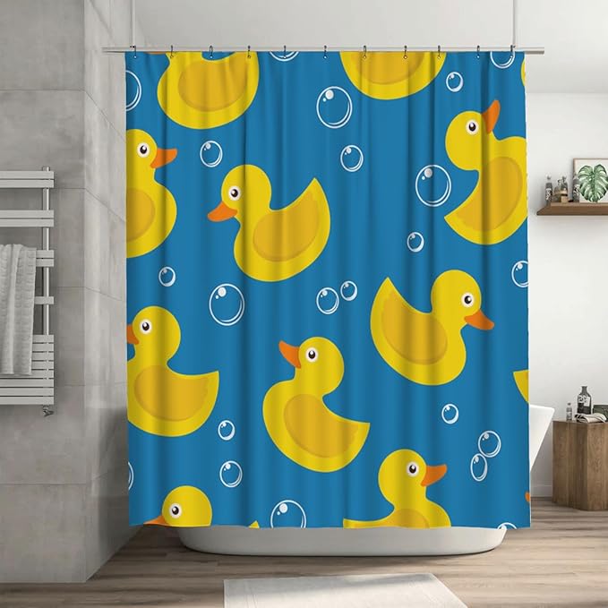 Ansouyi 4Pcs Bathroom Shower Curtain Sets with Non-Slip Rugs, Toilet Lid Cover and Bath Mat, Soap Bubbles Ducks on Blue Durable Waterproof Shower Curtain for Bathroom Set, 72x72 Inch