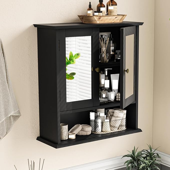 Bathroom Wall Cabinet, Black Bathroom Cabinet with 2 Mirror Doors and Adjustable Shelf, Wall-Mounted, Medicine Cabinet, 21.5" W x 7.8" D x 23.6" H