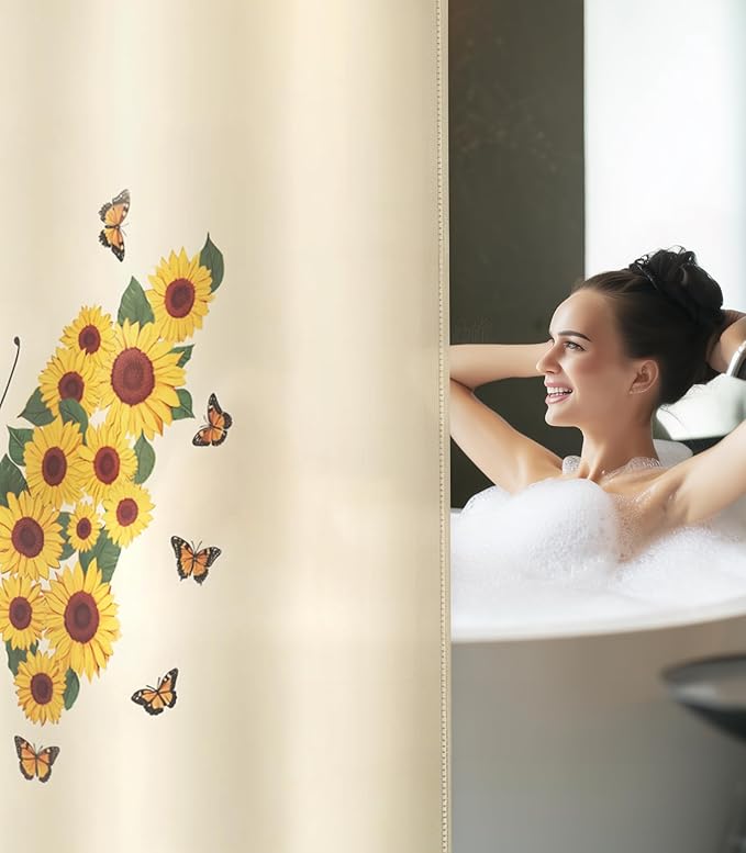 MAMUSE Shower Curtain for Bathroom - Cute Aesthetic Decorative Modern Girly Unique Girls Design Pretty Women Waterproof Fabric Cloth Cortinas de Baño Bathtub 72 x 72 Inch, Sunflower Butterfly