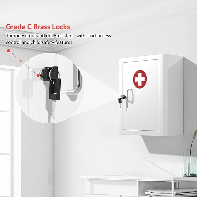 Locking Medicine Cabinet Wall-Mount: Storage Cabinet with Lock & Key - White Metal First Aid Kits for Childproofing and Family Safety