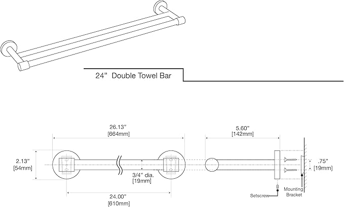 Gatco 4664MX Reveal 24" Double Towel Bar, Matte Black | Wall Mounted Bathroom Double Towel Holder | Towel Rack for Bathroom