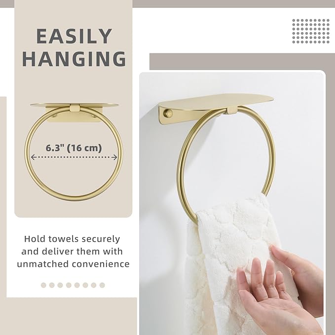 APLusee Brushed Gold Towel Ring with Shelf, 304 Stainless Steel Wall Mounted Hand Towel Holder for Bathroom, Space-Saving Design