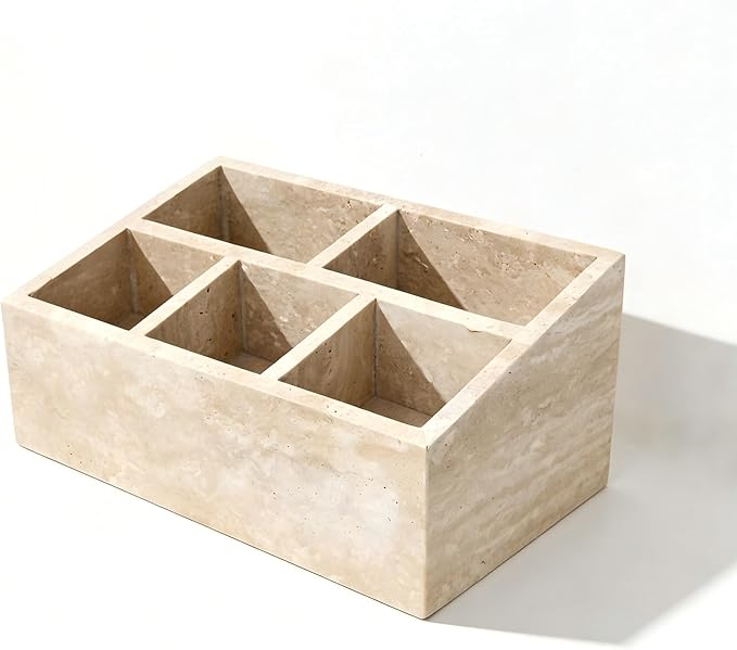 Marble Desk Organizer with 3 Compartments, White and Purple Pattern, Modern Design (Beige-pro)