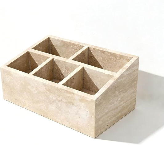 Marble Desk Organizer with 3 Compartments, White and Purple Pattern, Modern Design (Beige-pro)