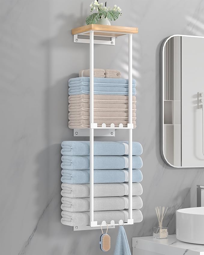 HapiRm Towel Racks for Bathroom Storage - Wall Mounted Towel Holder with Shelf, Rolled Towel Storage Bath Towel Organizer for Small Bathroom, Camper, Rv - White