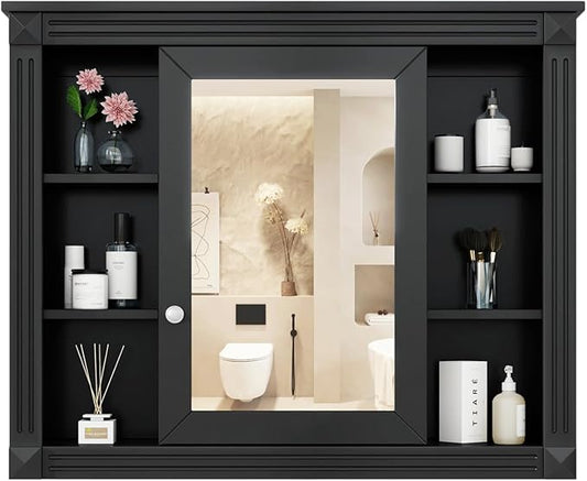 Merax Medicine Cabinet with Mirror, Wall Mount Bathroom Cabinet Over Toilet Storage Cabinet Organizer with Door and Open Shelves, Mirrored Bathroom Wall Cabinet