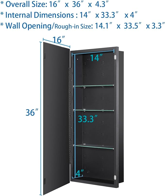 IDYLLOR Black Bathroom Medicine Cabinet with Beveled Edge Mirrored Door 16 x 36 inch, Recessed or Surface Mount, with Adjustable Glass Shelves