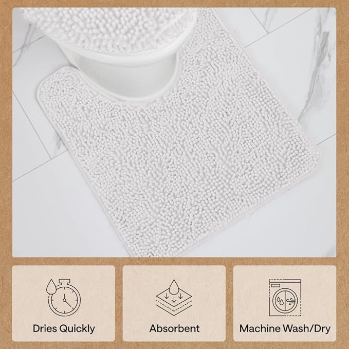 GORILLA GRIP Plush Absorbent Shaggy Chenille Bath Rug Mat for Oval Toilet Base with Rubber Backing, Machine Washable Rugs, Soft Microfiber Contour Mats for Toilets, Bathroom Decor, White