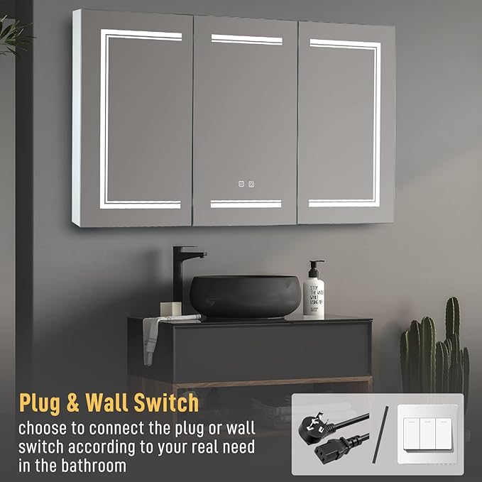 Karl home 3-Doors 48"x28" LED Medicine Cabinet for Bathroom, 3-Color Wall Mounted Dimmable Bathroom Cabinet with 3-Tiers Storage Shelves, Anti-Fog, USB Charge, White