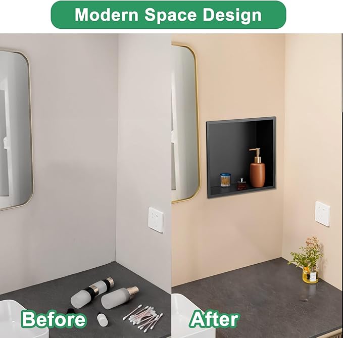 SaniteModar Shower Niche, Stainless Steel Shower Niche No Tile Needed, Recessed for Bathroom Storage (Matte Black, 12x12)