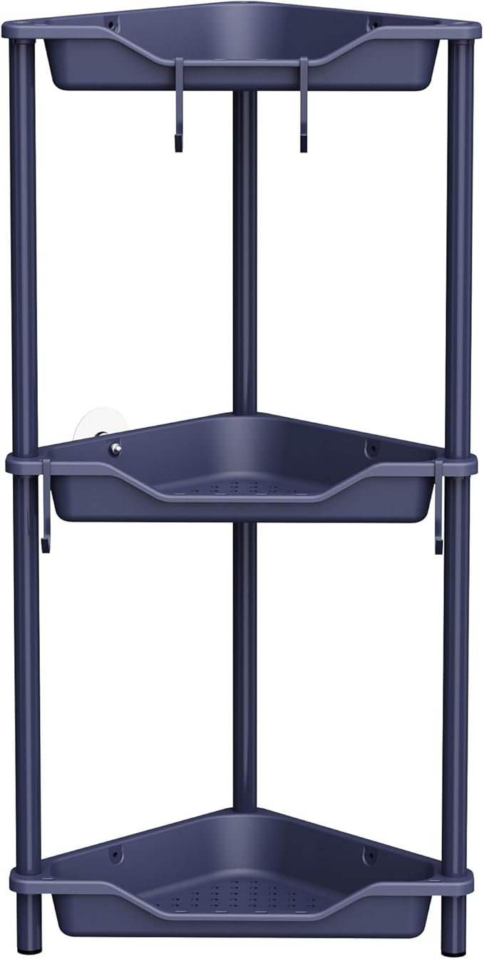 Orimade Rustproof 3 Tier Floor Standing Corner Shower Caddy Organizer, Plastic Metal Splicing Floor Corner Shelf Rack Stands for Bathroom, Bluish-Purple
