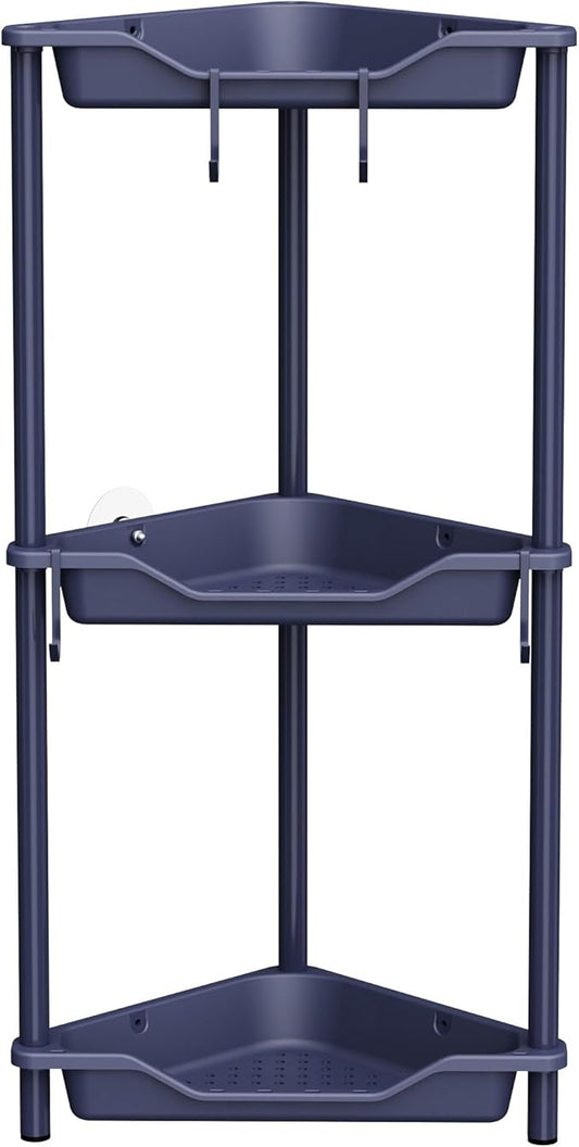 Orimade Rustproof 3 Tier Floor Standing Corner Shower Caddy Organizer, Plastic Metal Splicing Floor Corner Shelf Rack Stands for Bathroom, Bluish-Purple