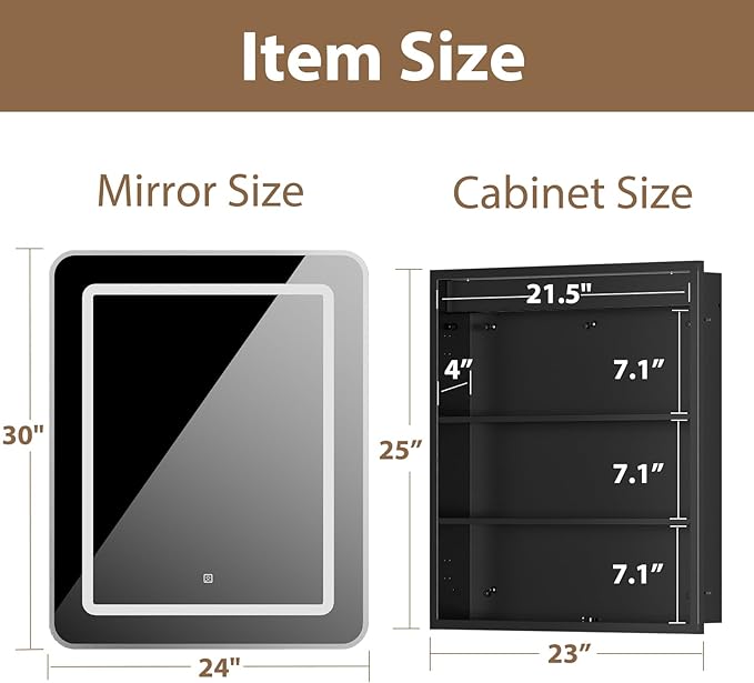 LOVMOR Led Medicine Cabinet with Mirror, Bathroom Vanity Mirror Cabinet with Shelves, 3-Color Lights Dimmer, Silver 30" H x 24" W