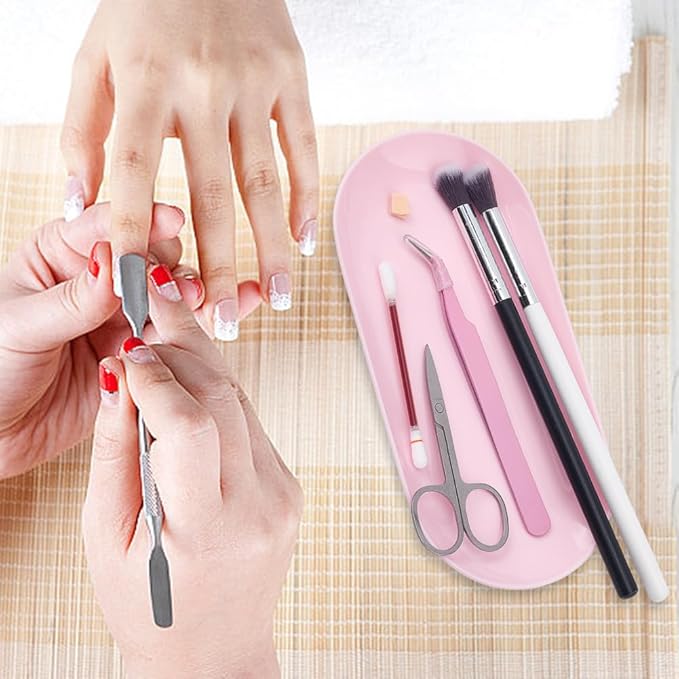 CRASPIRE 2Pcs Pink Nail Trays Manicure Storage Tray 7" x 3.3" Plastic Nails Art Tools Organizer Display Jewelry Rhinestone Small Plate Dishes for Manicures Decoration Makeup Cosmetics Accessories