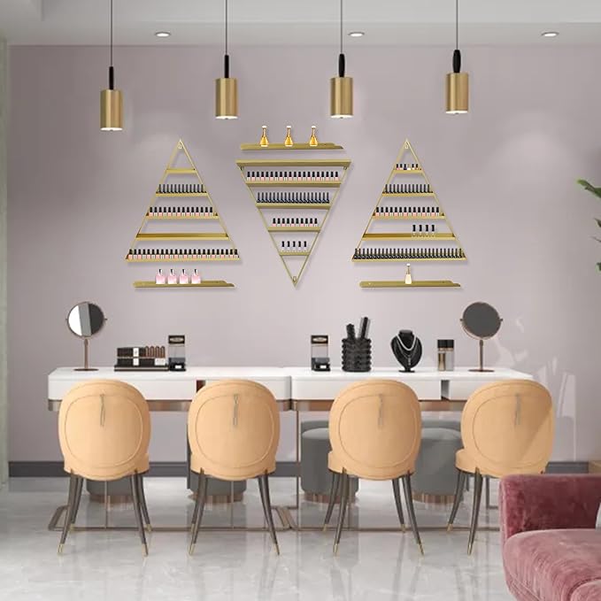 5 Tiers Metal Wall-Mounted Nail Polish Display Rack Simple Triangular Floating Lipstick Perfume Storage Shelves with 110lbs Capacity for Nail Salon Stores, Home, Spas, Golden