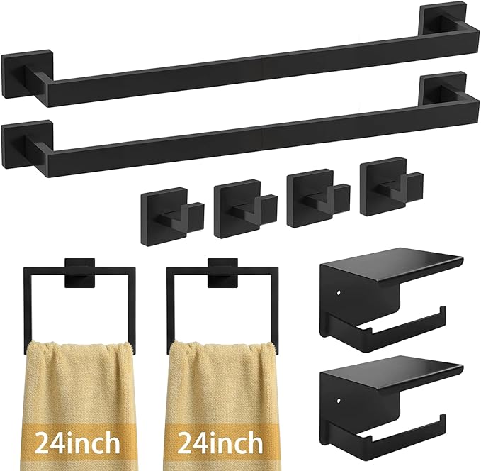 24 Inch Bathroom Accessories Set, 10-Pieces Matte Black Bathroom Hardware Set, Stainless Steel Bath Towel Bar Set, Towel Rack Set Toilet Paper Holder with Shelf, Towel Hooks, Towel Rings Wall Mounted