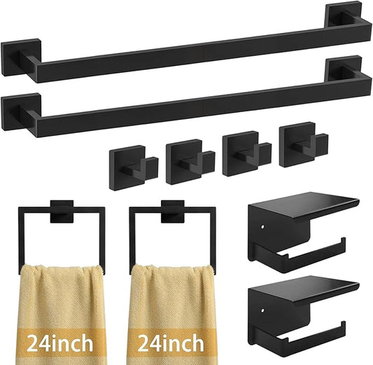 24 Inch Bathroom Accessories Set, 10-Pieces Matte Black Bathroom Hardware Set, Stainless Steel Bath Towel Bar Set, Towel Rack Set Toilet Paper Holder with Shelf, Towel Hooks, Towel Rings Wall Mounted