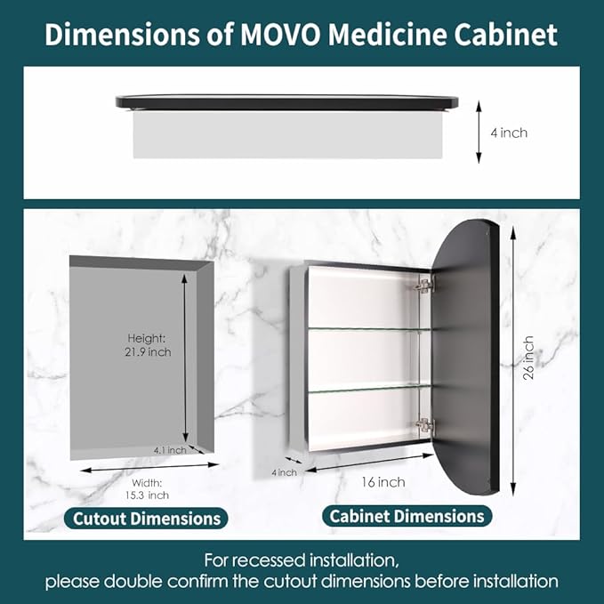 Movo Oval Aluminum Medicine Mirror Cabinet,16" W x 26" H Black Framed Farmhouse Medicine Cabinet with Mirrored Door,Recess or Wall Mount Bathroom Mirrored Cabinet,Adjustable Glass Shelves