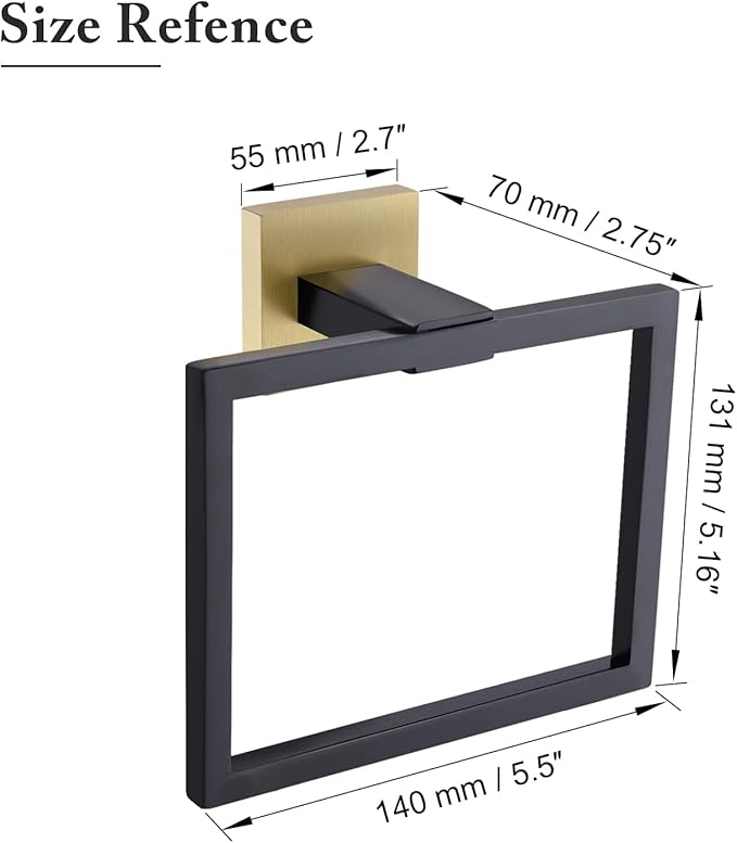 TQKAG Black and Gold Towel Ring Bathroom Hand Towel Holder Stainless Steel Square Towel Bar Hangers Wall Mounted