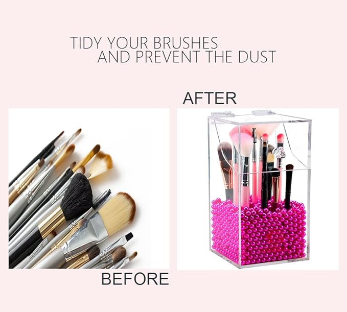 Clear Cosmetic Brush Organizer,Acrylic Brush Holder with Lid,Dust-proof Makeup Brush Holder with Free Rosy Pearls for Vanity Counter-top - NEWCREA