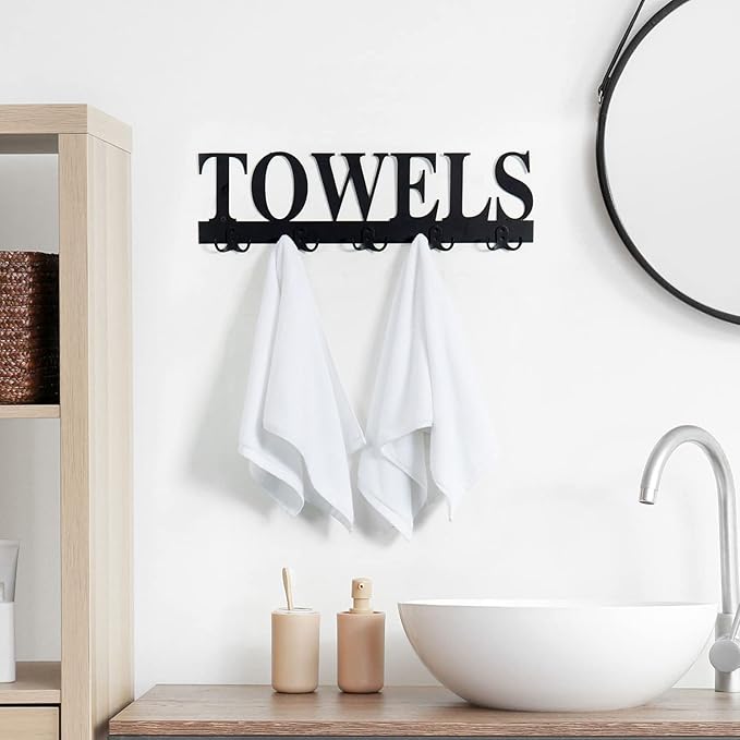 MyGift Towel Rack for Bathroom, Wall Mounted Bath Towel Holder with 5 Dual Hooks, Kitchen Laundry Hand Towel Hanger, Black Metal with Decorative Towel Cutout Design