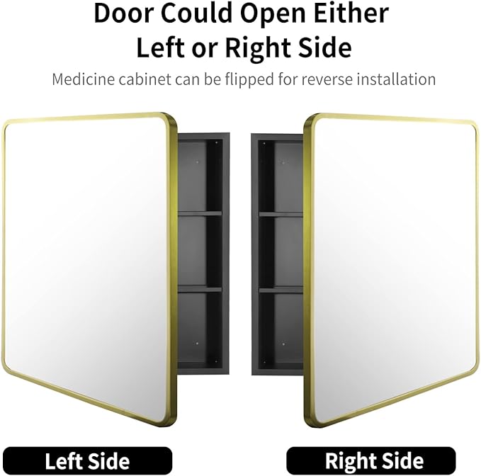 Movo Mirror Medicine Cabinet 20 Inch x 28 Inch Gold Metal Framed Bathroom Medicine Cabinet with Mirror Rectangle Recess or Surface Mount Installation