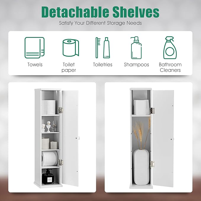 Free Standing Tissue Cabinet, Toilet Paper Holder w/ 3 Detachable Shelves, Hinged Door, Top Slot, 4-Tier Large Capacity & Compact Size, Suitable for Bedroom, Living Room, Bathroom, White