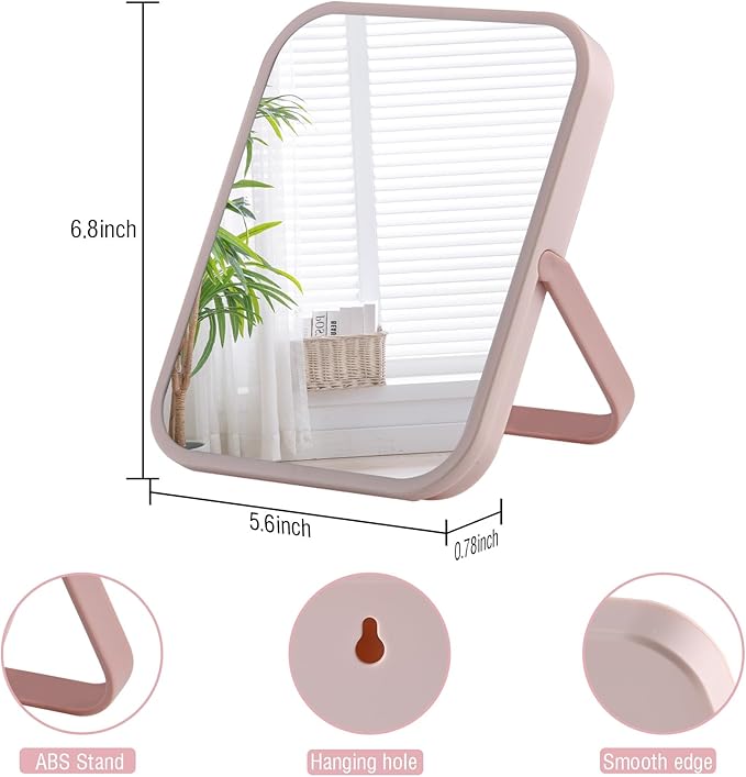 Desk Makeup Mirror 6 x 7 inches Table Mirror with Foldable Stand and Hanging Hole for Shaving and Travelling, Perfect for Dorm Room Cabinets, Refrigerator, Office.