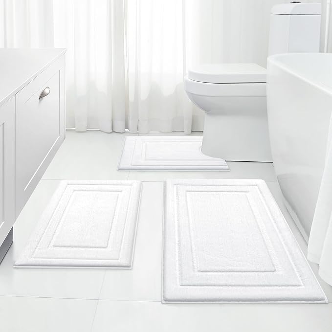 HOMEIDEAS Bathroom Rugs Sets 3 Piece, Super Soft and Absorbent Non Slip Microfiber Toilet Bath Mat with U-Shaped (White)