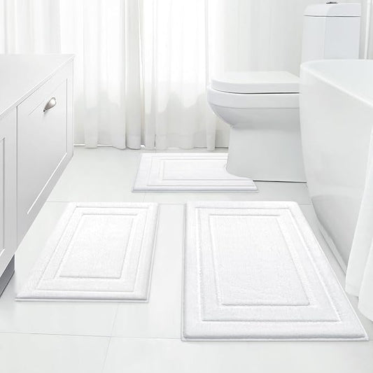 HOMEIDEAS Bathroom Rugs Sets 3 Piece, Super Soft and Absorbent Non Slip Microfiber Toilet Bath Mat with U-Shaped (White)
