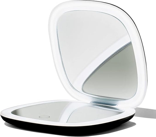 Vanity Planet Pocket Makeup Mirror with Lights & Magnification, Moda - Mini Light-Up Compact & Travel Makeup Mirror - Portable, Adjustable & Rechargeable LED Magnifying Mirror for On-The-Go - Black
