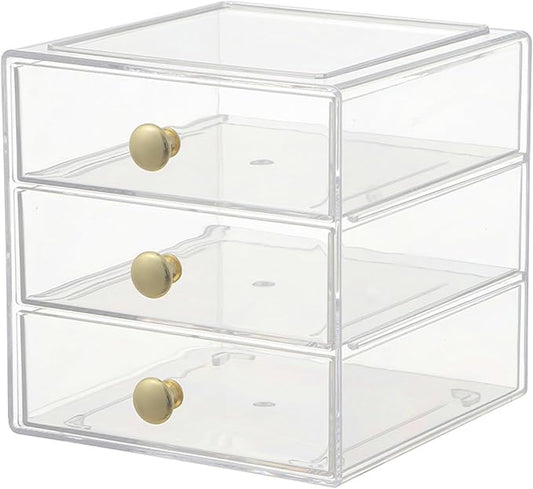 Makeup Drawer Organizer Box with 3 Drawers, Acrylic Cosmetic Display Case Vanity Organizer Jewelry Storage Box Stackable Storage for Cosmetics, Skin Care, Bathroom, Countertop, Gold Handle