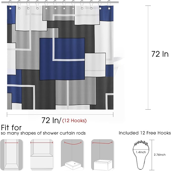 Blue Shower Curtain Set with Hooks Blue and White Morden Shower Curtains for Bathroom Fabric Grey Abstract Geometric Bath Curtains Decorative Gray 72x72