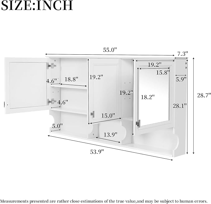 Virubi Bathroom Wall Cabinet with Mirror, Medicine Cabinet with 3 Doors and Adjustable Shelf, Space Saver Storage Cabinets Over The Toilet for Bathroom (55'' x 28.7'')