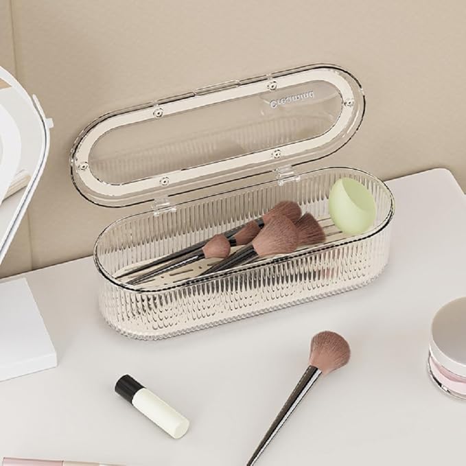 Makeup Brush Holder Organizer Clear Acrylic Makeup Sponges Organizer,Cosmetic Storage Case with Lid Display Case for Vanity (Brush Organizer)