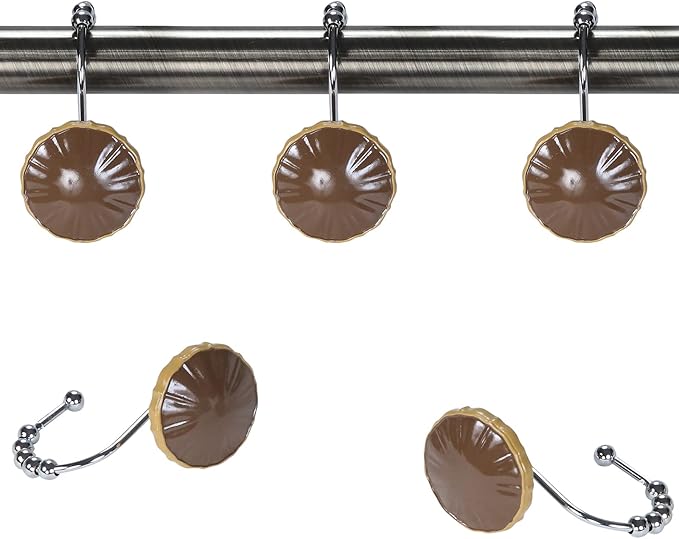 Sterling Brown Decorative Shower Curtain Hooks,Chocolate Roller Ring Balls Designed Hooks for Bathroom Curtains,Set of 12