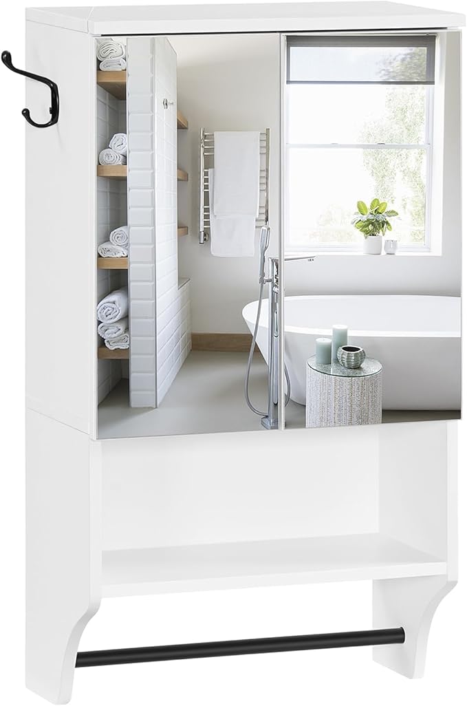 MAHANCRIS Bathroom Wall Cabinet with Mirror, Medicine Cabinet with 2 Door and Adjustable Shelf, Wall Mounted Over The Toilet Storage Cabinet with Towel Bar for Bathroom Laundry Room Kitchen, White