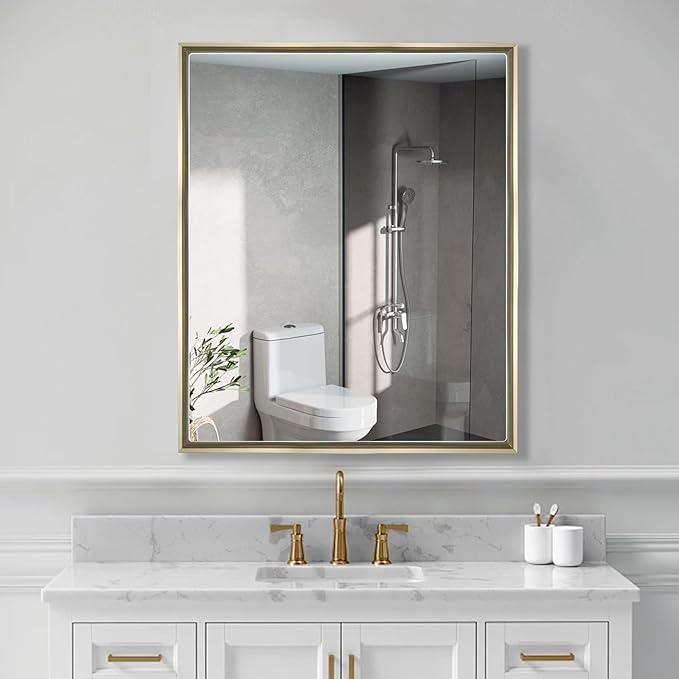Bathroom Medicine Cabinet with 24x30 Inch Mirror - Recessed or Surface Mount Vanity Storage Cabinet｜ Antique Brush Gold Finish ｜ Rustic Farmhouse Bathroom Mirror Cabinet