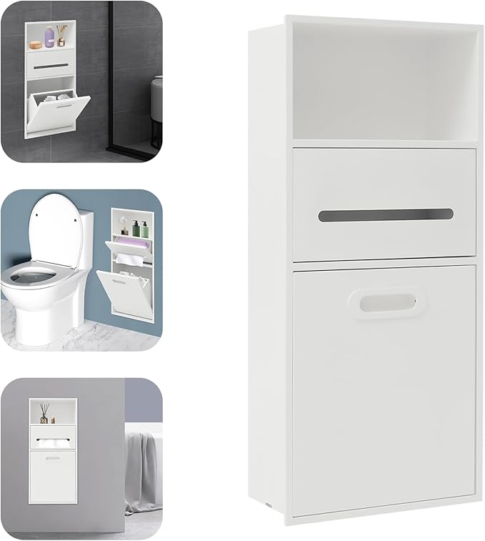 Hollow Furnishings Stainless Steel Recessed Storage Cabinet for Bathroom - Space-Saving Wall-Mounted Design, Rust-Resistant, Easy Install (White, 66 * 14 * 30cm)