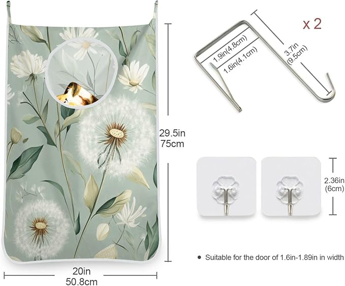 Sage Green Dandelions Spring Hanging Laundry Hamper Bag with Adjustable Stainless Steel Hooks Dirty Clothes Wall Hampers Over the Door Extra Large 29.5X20inch 1 PCS