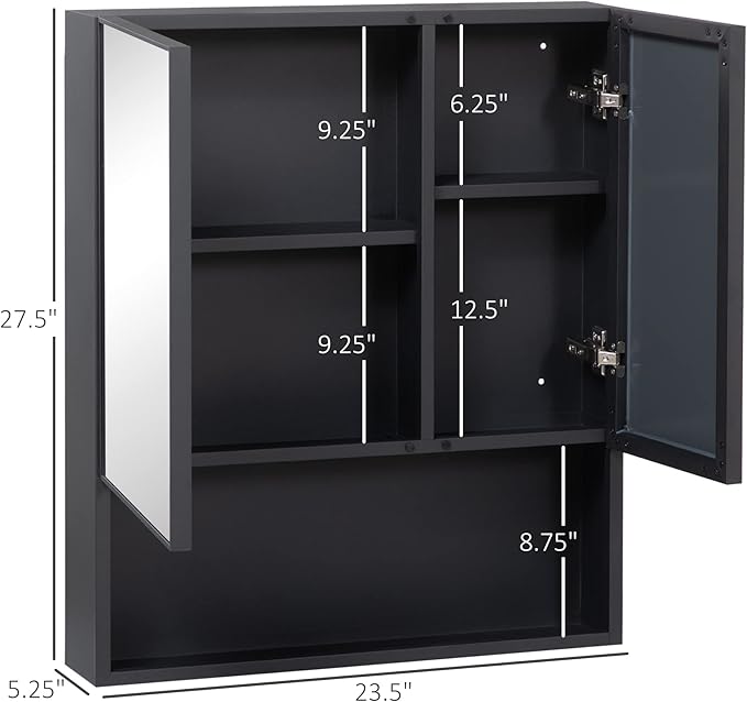 kleankin Wall-Mounted Medicine Cabinet, Bathroom Mirror Cabinet with Double Doors and Storage Shelves, Black