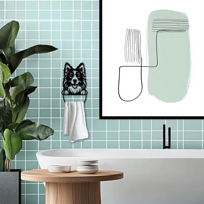 MAYJOYDIY Dog Metal Towel Ring Cute Shepherd Dog Towel Holder Wall Mounted Animal Theme Bath Towel Ring Black Art Towel Rack for Bathroom Kitchen Towel Hanger Home Decors Gift