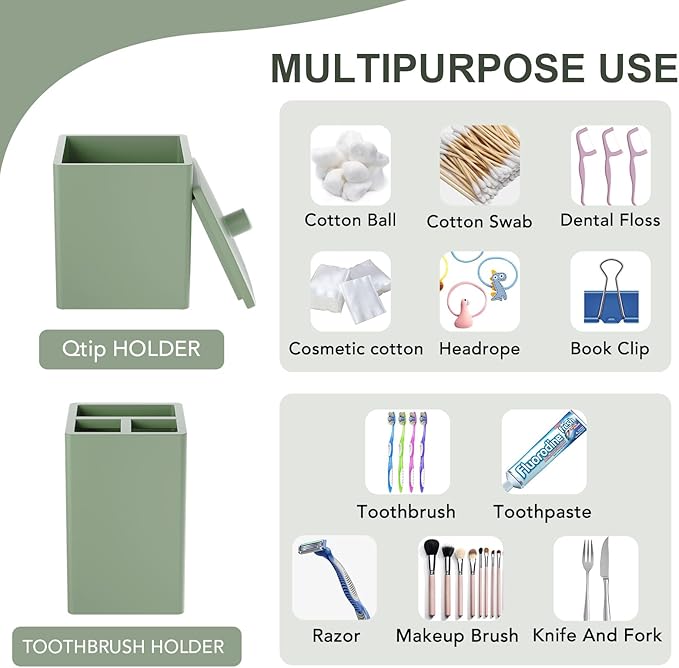 Sage Green Bathroom Accessories Set Resin 6PCS, Square Toothbrush Holders Set Complete with Soap Dispenser, Vanity Tray, Tumbler, Cups and Cotton Swab Jars for Counter, Sink or Small Spaces