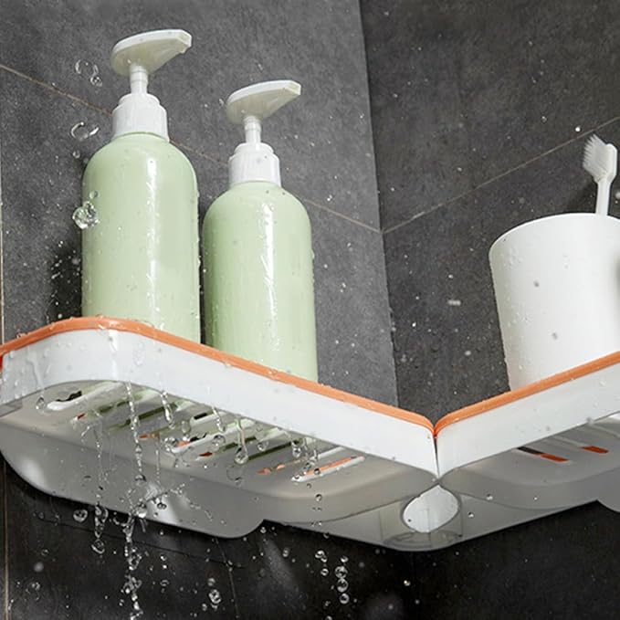 Wall-Mounted Foldable Corner Storage Rack 2pcs Punch-Free Bathroom Shelf Organizer with Drainage for Home, White Orange and White Gray