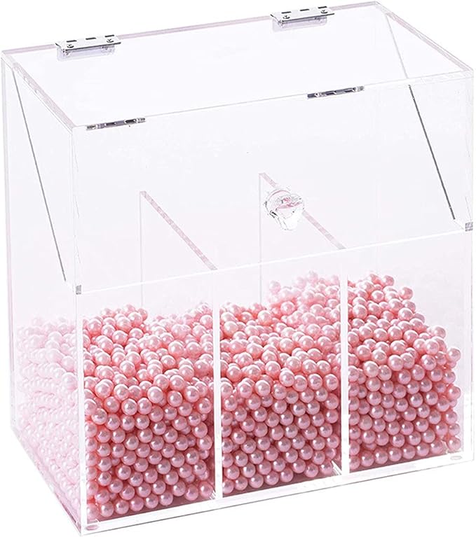 Newslly Clear Acrylic Makeup Organizer with 3 Brush Holder Compartment and Dustproof Lid, Cosmetic Brush Storage Box with White Pearls, for Bathroom Bedroom Vanity Countertop.