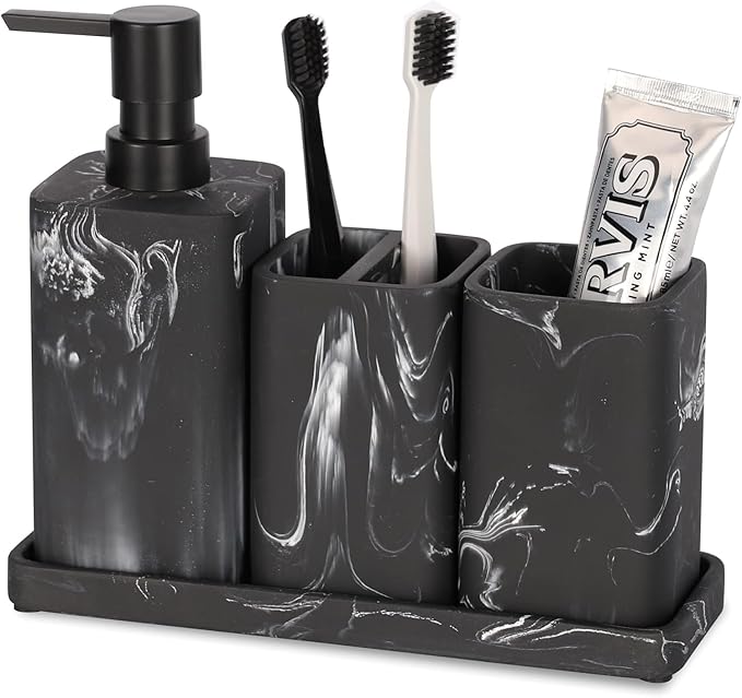 ZCCZ Bathroom Accessories Set, 4-Piece with Soap Dispenser, Toothbrush Holder, Tumbler, and Soap Dish for Modern Bath Décor, Elegant and Durable Design for Home or Office Bathrooms (Black Marble Look)