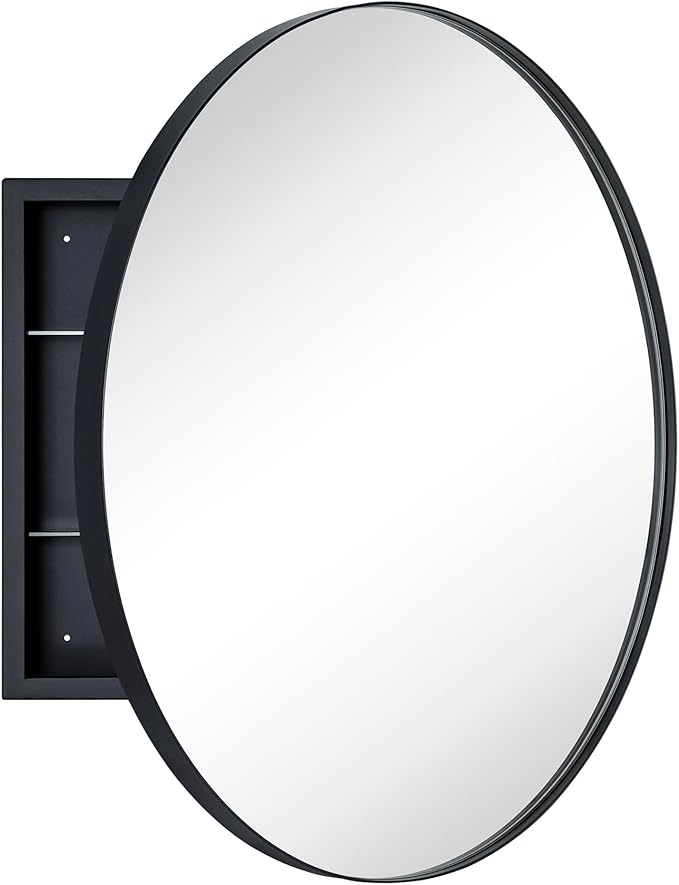 Surface Mount Black Round Circle Bathroom Medicine Cabinet with Mirror Circlular Shaped Stainless Steel Metal Framed Medicine Cabinets Bathroom Cabinet with Mirror 24'' Diameter