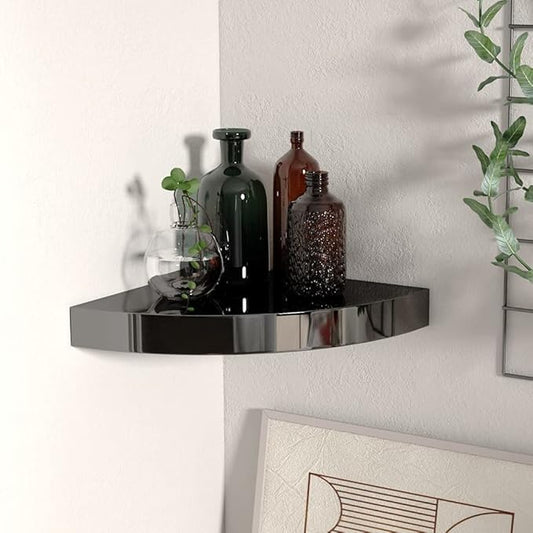 Floating Corner Shelf High Gloss Black 9.8x9.8x1.5 MDF Wall Mount Display Rack for Bathroom Kitchen Decor Storage Organizer with Invisible Mounting System